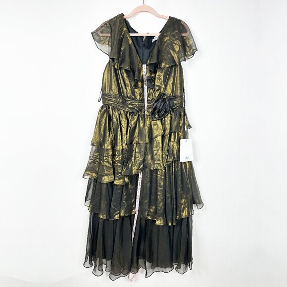 NWT Mac Duggal Ruffled Tea-Length Evening Dress Black Gold 14W - Picture 3 of 8